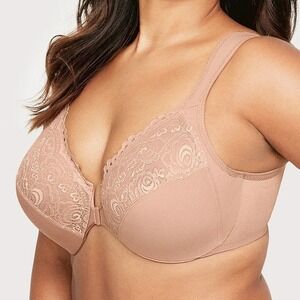 GLAMORISE 44H Bra Low Cut WonderWire Lace Bra Padded Underwire Front Close Beige